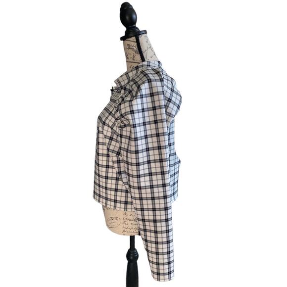 Asos Plaid Long Sleeve Cropped Open Back Mock Neck Blouse Top White Black US 14 - Picture 4 of 7